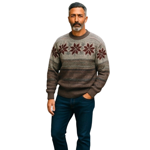 Vintage 90s Hand Knit Sweater Pullover L Brown Nordic Cabin Granola Fair Isle - Picture 1 of 5